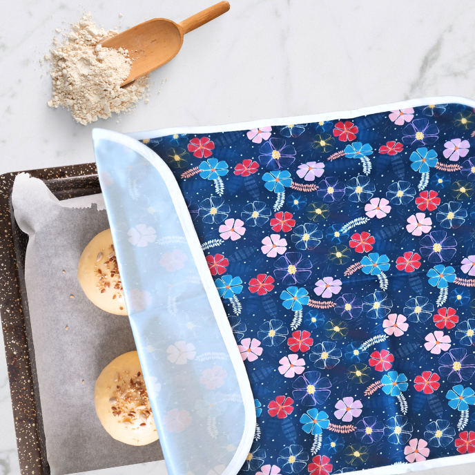 Large 24x18-inch reusable sheet pan proofing cover, non-stick and waterproof, in floral print, made from BPA-free, food-safe fabric.  Hand made in Canada.