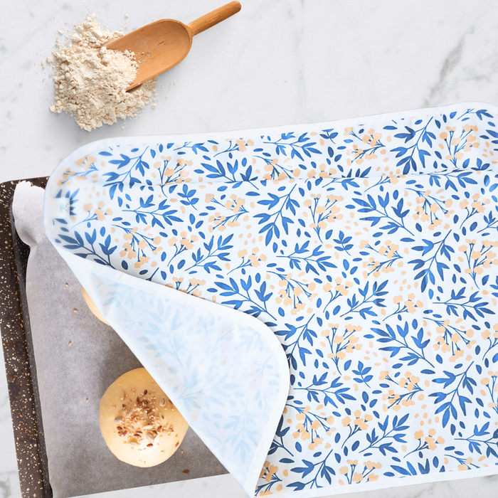 Eco-friendly, reusable non-stick Cookie sheet pan proofing cover / dish cover in a yellow floral print, perfect for covering dough while proofing and keeping dough moist while proofing.