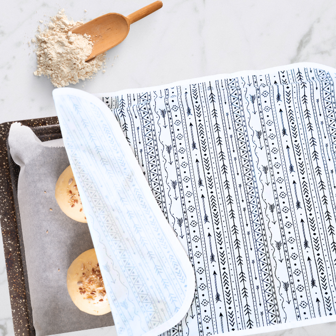 Eco-friendly, reusable baking sheet cover in boho print, perfect for keeping dough moist and preventing sticking during proofing.  Hand made in Canada.